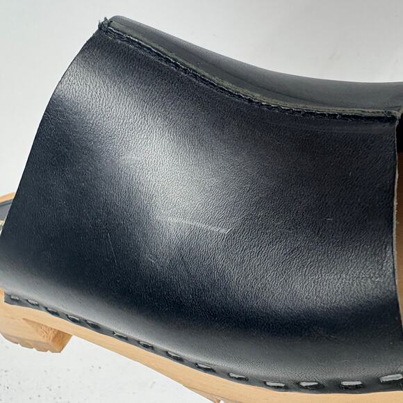 Swedish Hasbeens Ann Low Sandals Mules Clogs Black Leather Wooden Sole Size 41 - Picture 13 of 13